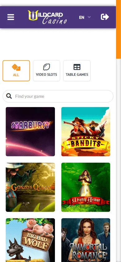 Wildcard Casino games lobby on a mobile browser