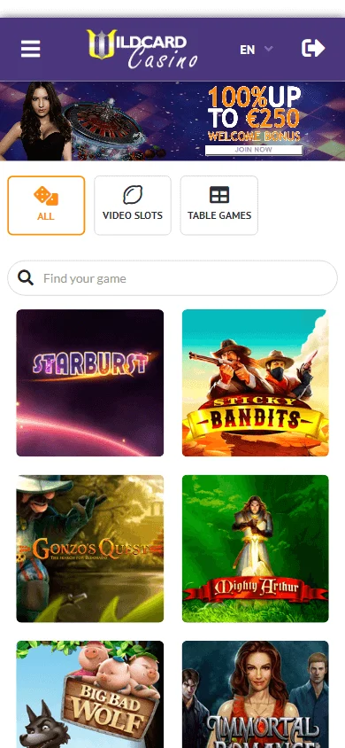 Wildcard Casino homepage in a mobile browser