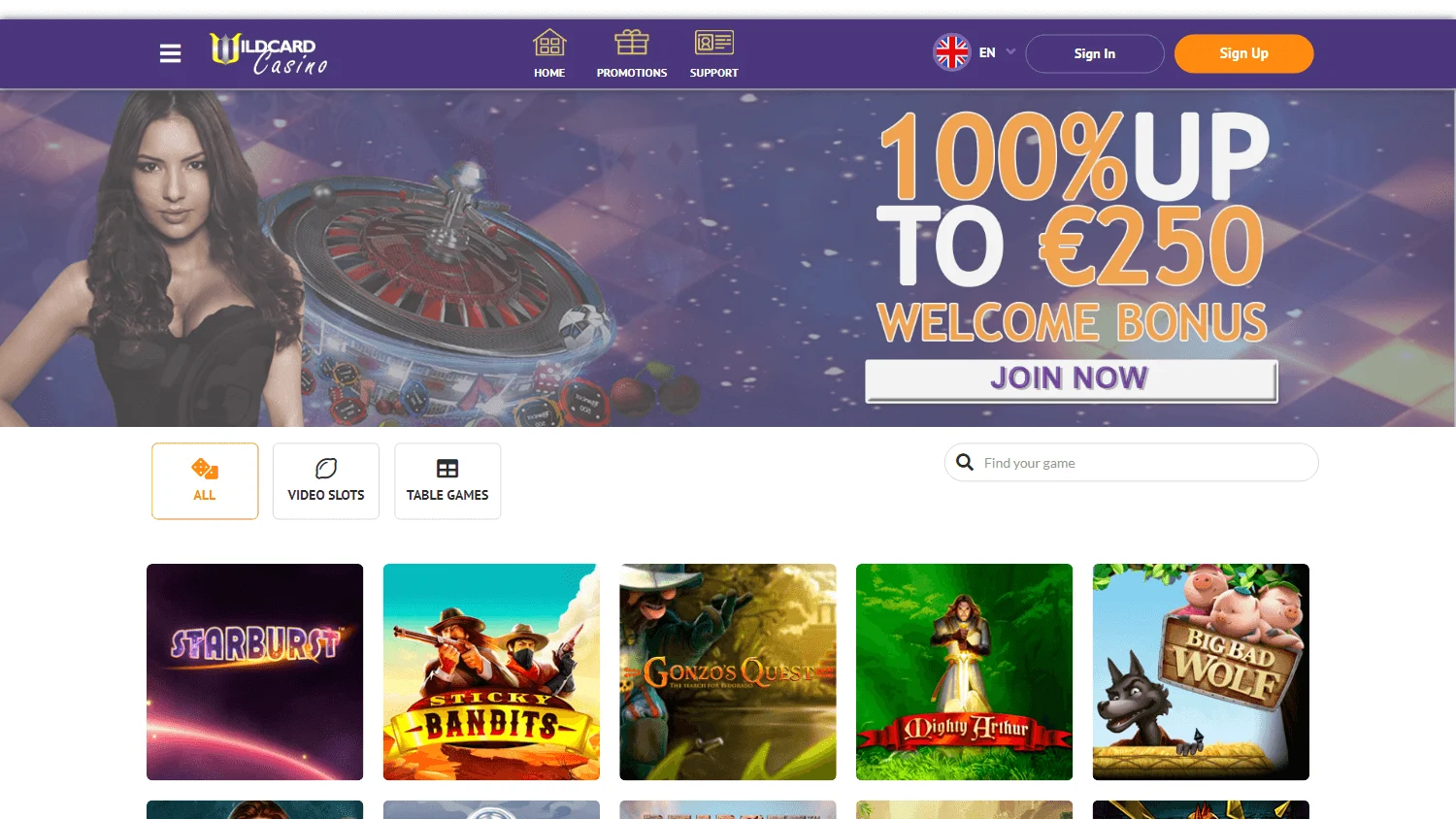 Wildcard Casino homepage on desktop