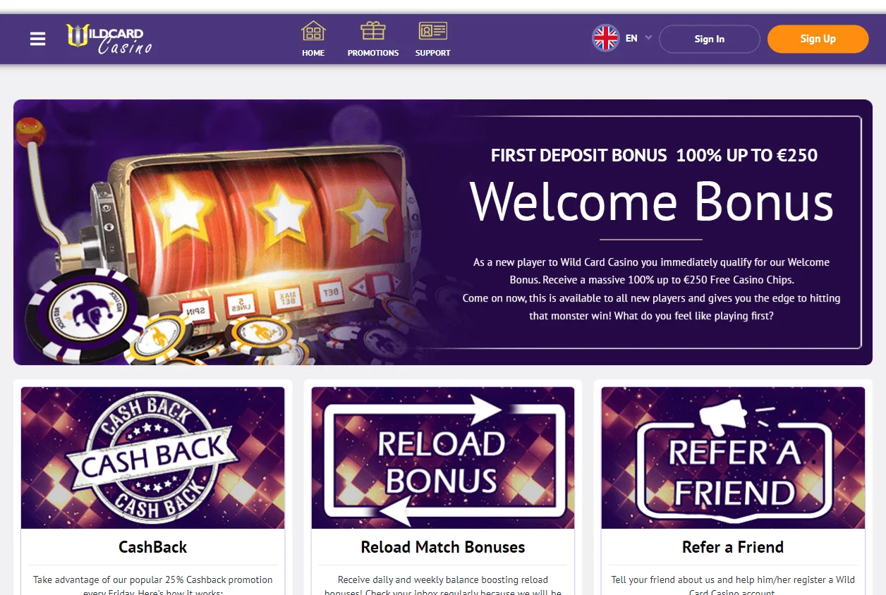 Wildcard Casino promotions area on desktop