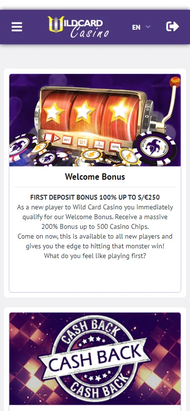 Wildcard Casino promotions area on a mobile browser