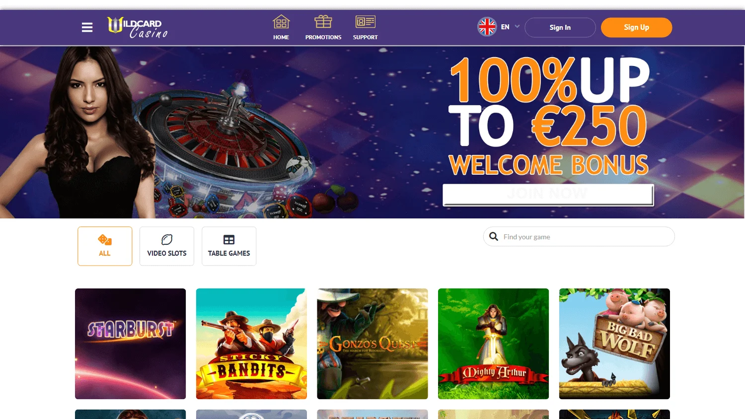 Wildcard Casino RTG games lobby on desktop